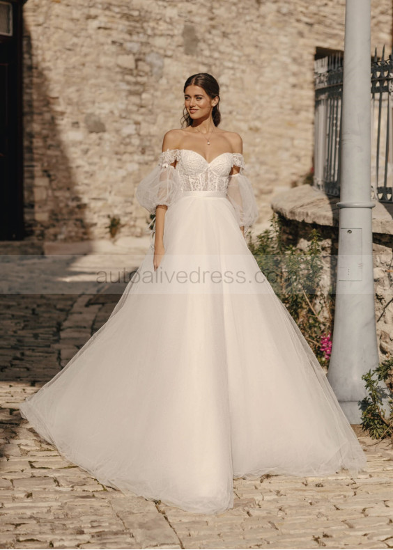 Off Shoulder Beaded Ivory Lace Tulle Wedding Dress With Detachable Sleeves Off Shoulder Beaded Ivory Lace Tulle Wedding Dress With Detachable Sleeves